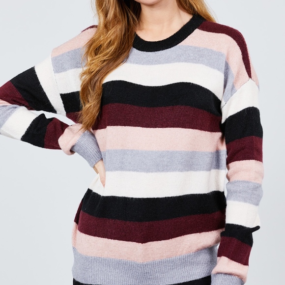 LONG SLEEVE ROUND NECK STRIPED SWEATER - Picture 6 of 6